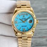 Yellow Gold Rolex Day Date 36mm Turquoise Roman Dial Replica Watch